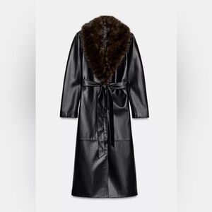 Zara Black Faux Leather Trench Coat with Brown Fur Collar